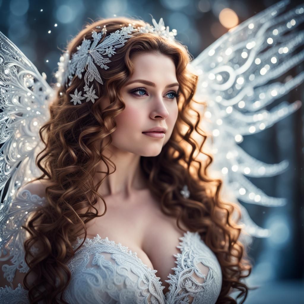 Sparkling Woman with Wings and Ice Fractals