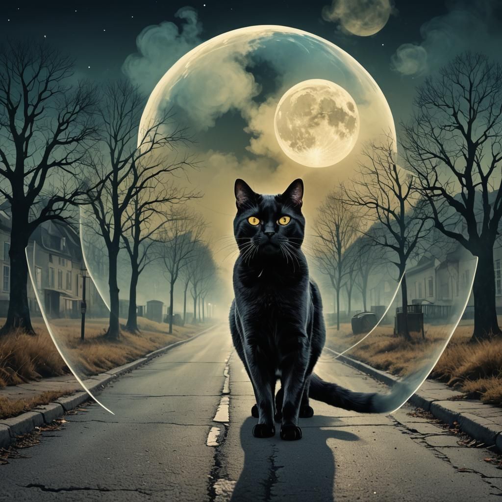 Black Cat in Moonlit Field: Pop Art Print