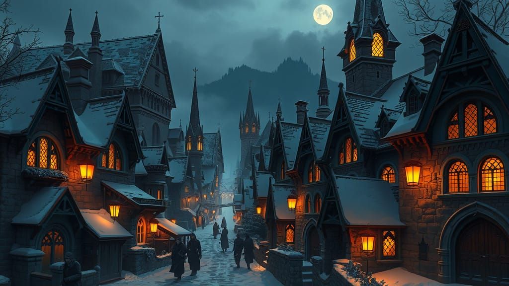 Mystical Medieval Village in Dark Fantasy Christmas Night
