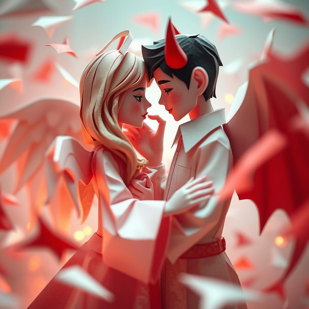 Angel and Devil Embrace in Papercraft Dreamscape