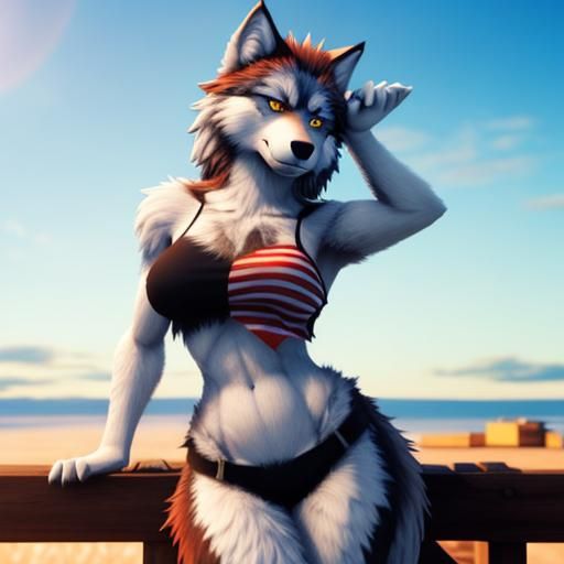 Wolf Furry with US Flag at Sunset Rainbow