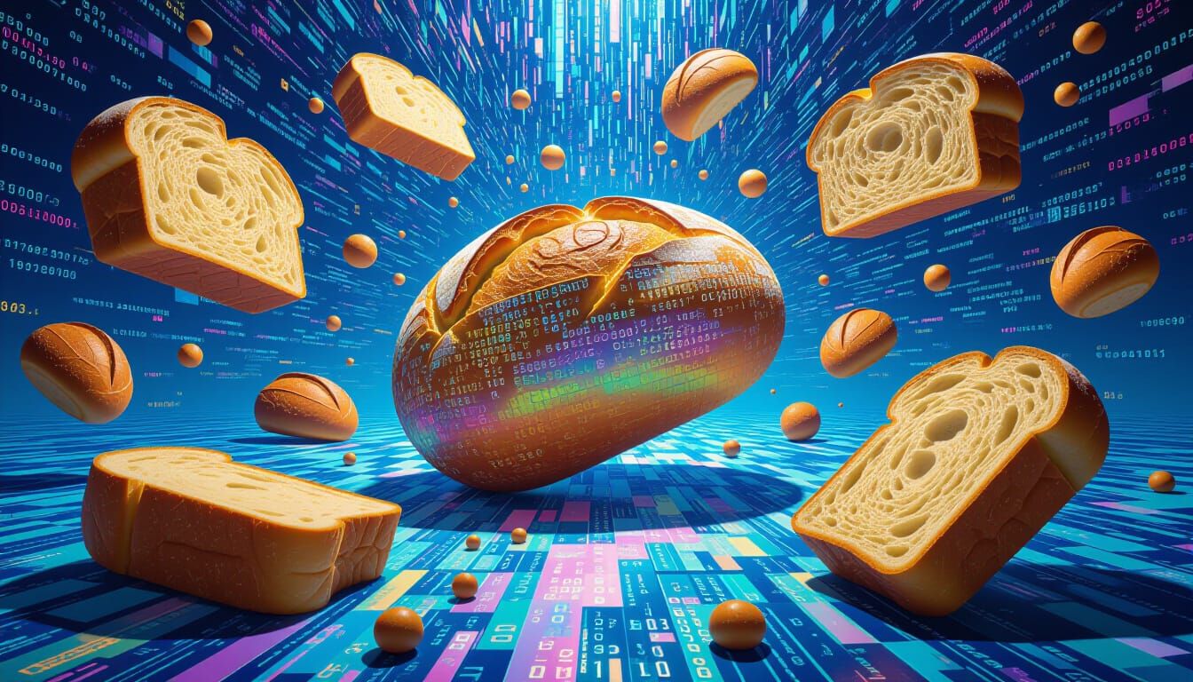 Surreal Code Bread Sculptures Floating in Binary Streams