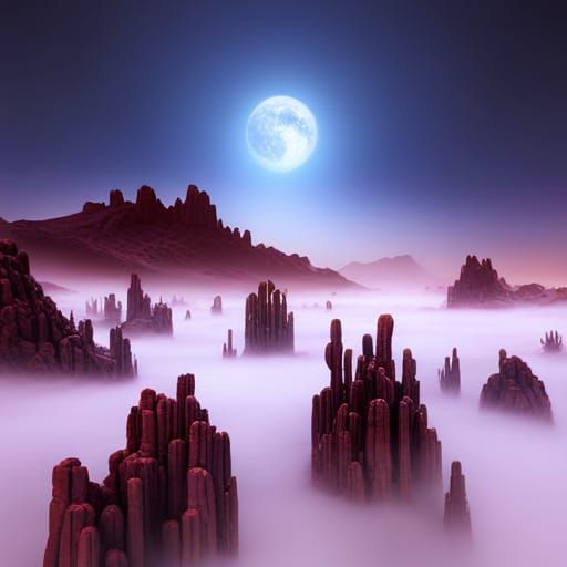 High Altitude Cactus in Eerie Fog: Matte Painting
