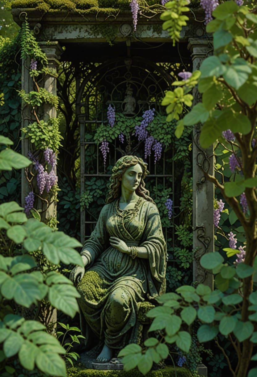 Mossy Marble Statue With Wisteria, Watercolor Style
