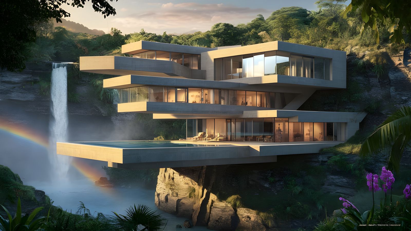 Luxury Cliff Dwelling with Waterfall and Jungle Views
