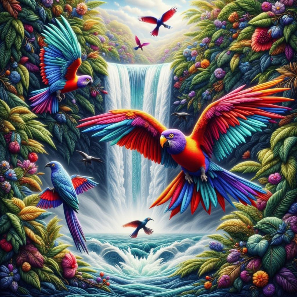 Vibrant Macaws Fly Near Waterfall in Digital Painting Style
