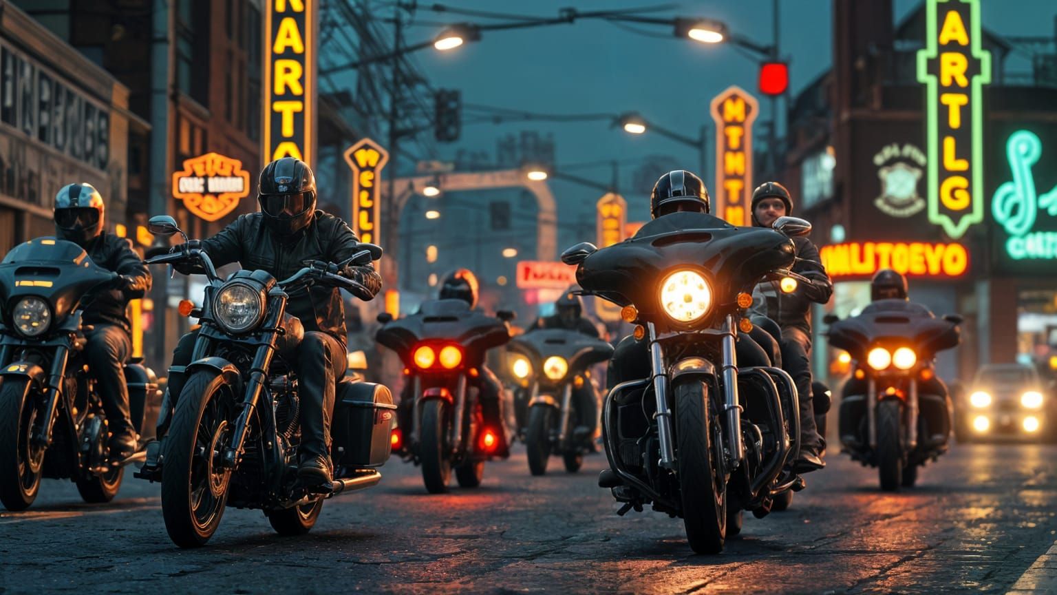 Motorcycle Club Riding Down Biker District at Night in Cinem...