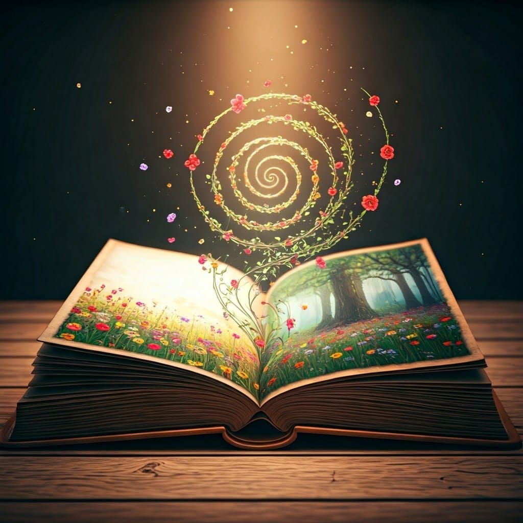Open Book with Rising Flowers in Sunlight