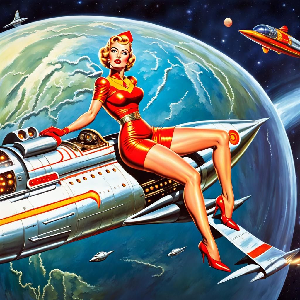 Retrofuturistic Rocketship with Pinup Girl, Atompunk Style