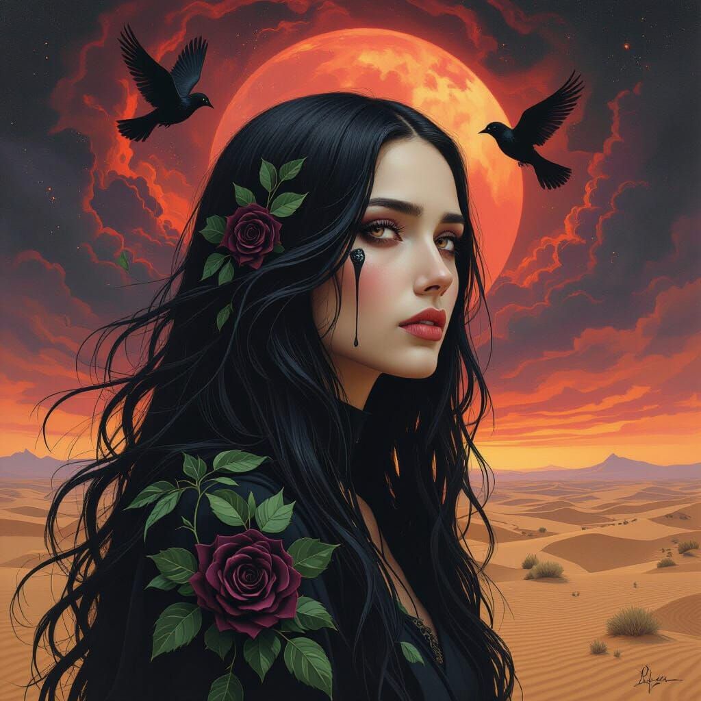 Ethereal Woman in Surreal Dark Fantasy Landscape