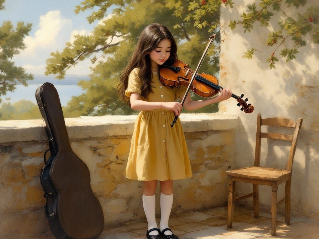 Impressionist Young Girl Plays Violin on Terrace