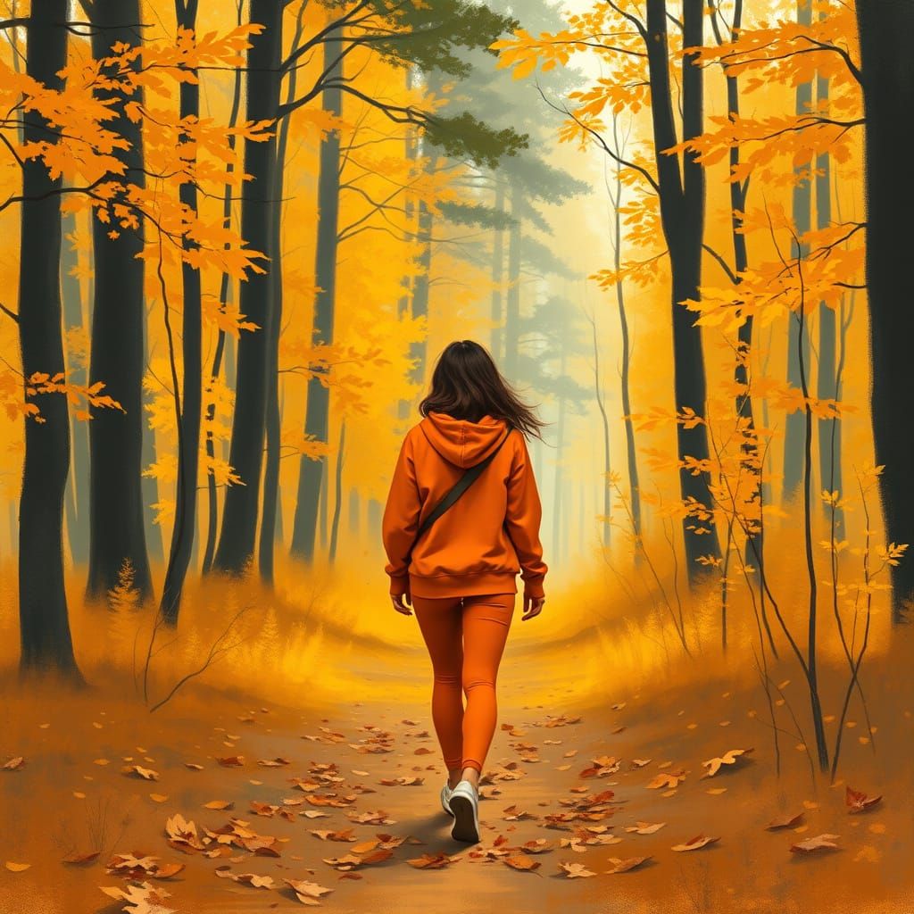 Woman in Orange Walking in Autumn Forest
