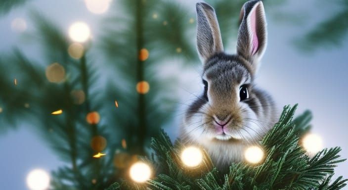baby bunny on the snow christmas trees lights 3D Game Cinematic Feel, Epic 3D Videogame Graphics, Intricately Detailed,...