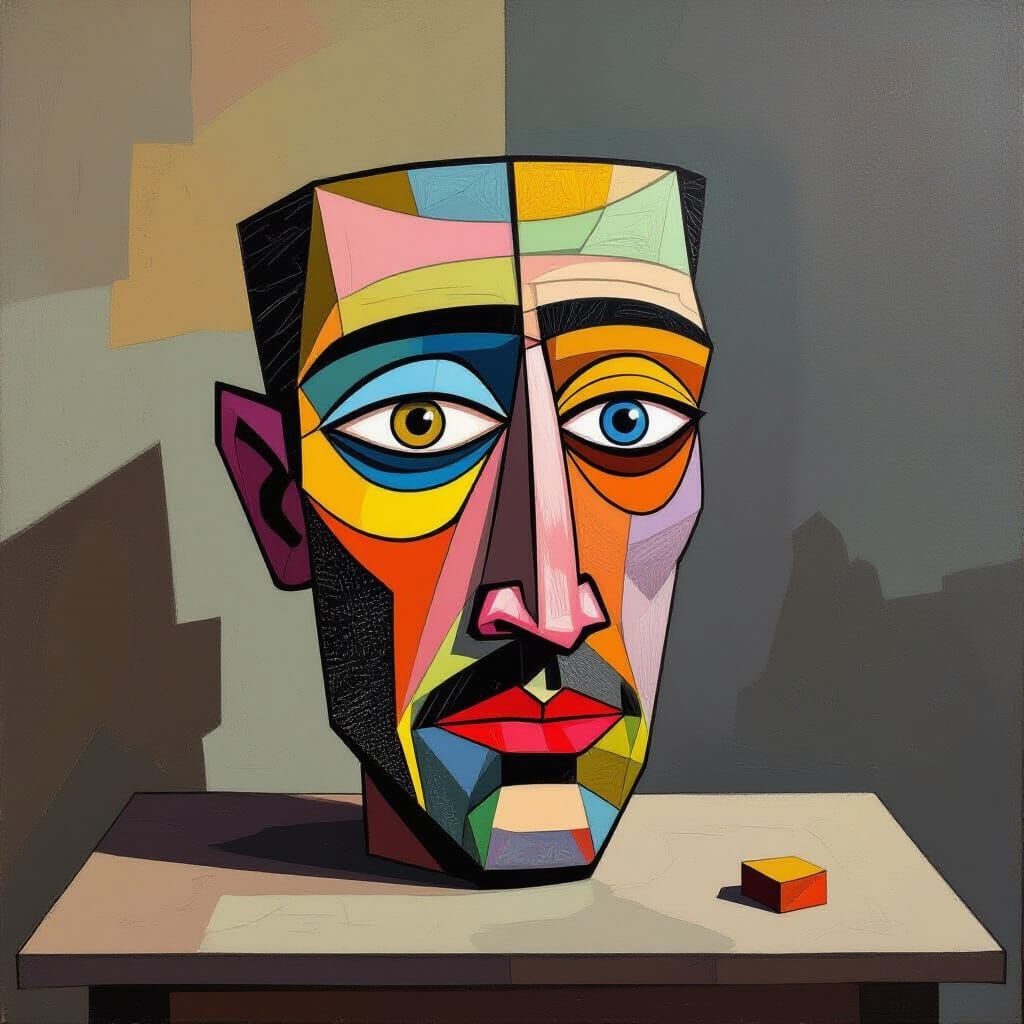 Cubist Still Life: Object with Face in Moody Lighting