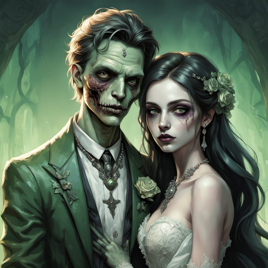 Zombie Prom Couple's Ethereal Portrait in Gothic Style