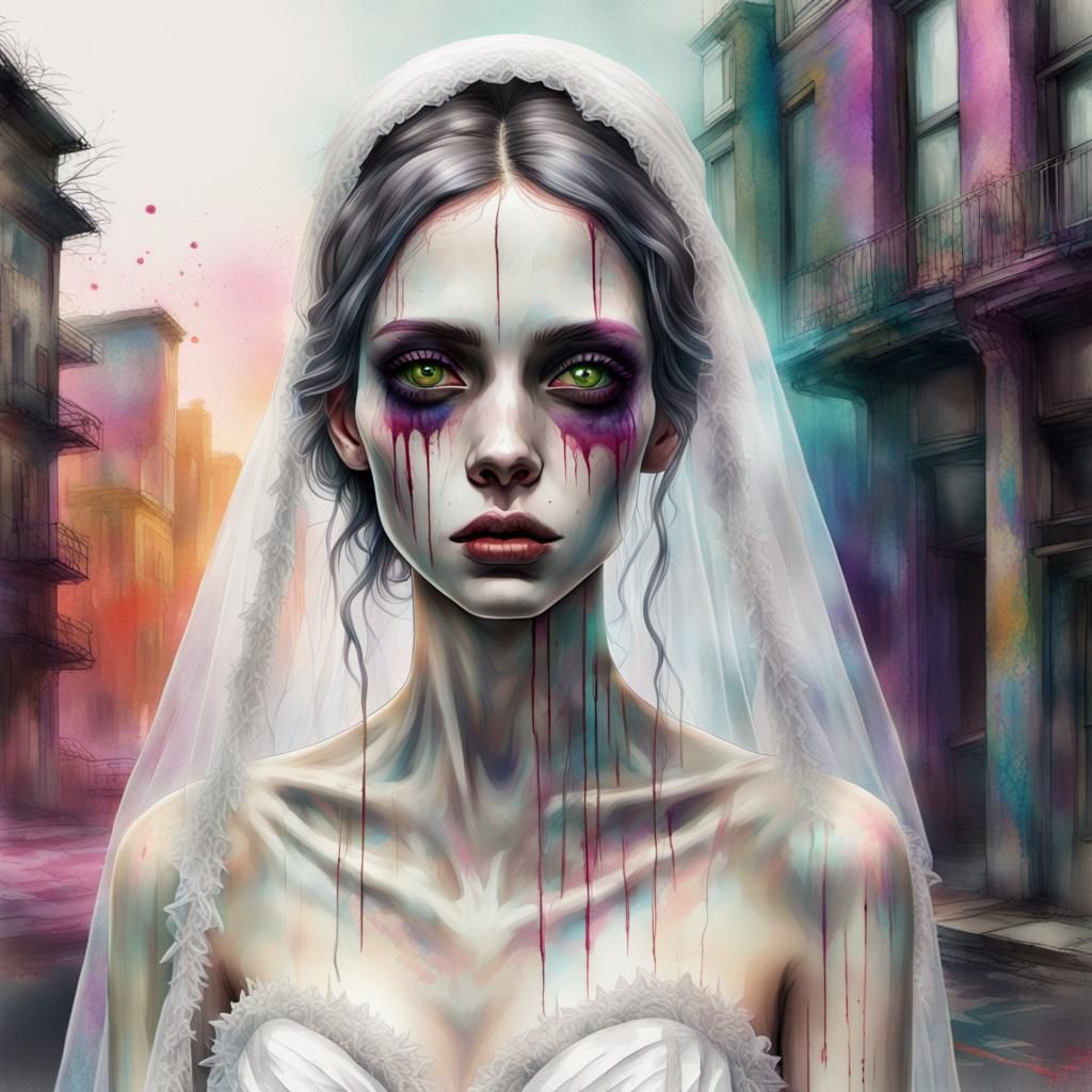 Undead Bride in Glitch City: Digital Charcoal Art