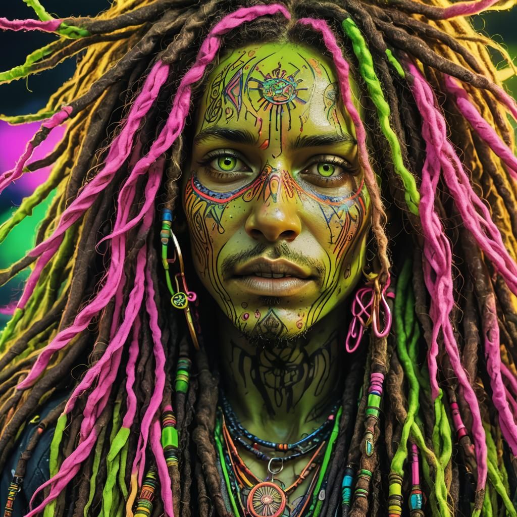 Close-up van heks-docter. Wrat op neus en dreadlocks in fluo-kleuren
