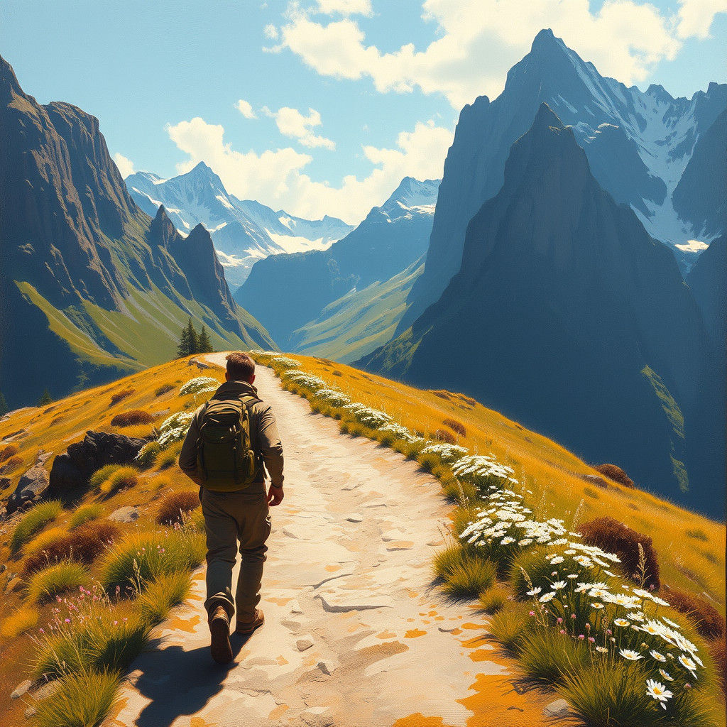 Hiker on Mountain Path with Flowers and Clouds