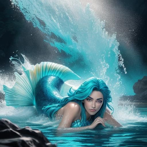 Mermaid Swimming by Waterfall in Splash Art