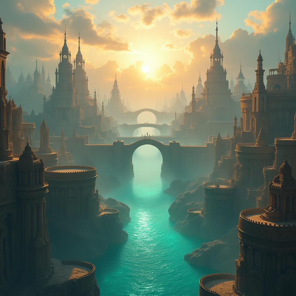 Sunlit Atlantis Cityscape with Gleaming Bridges