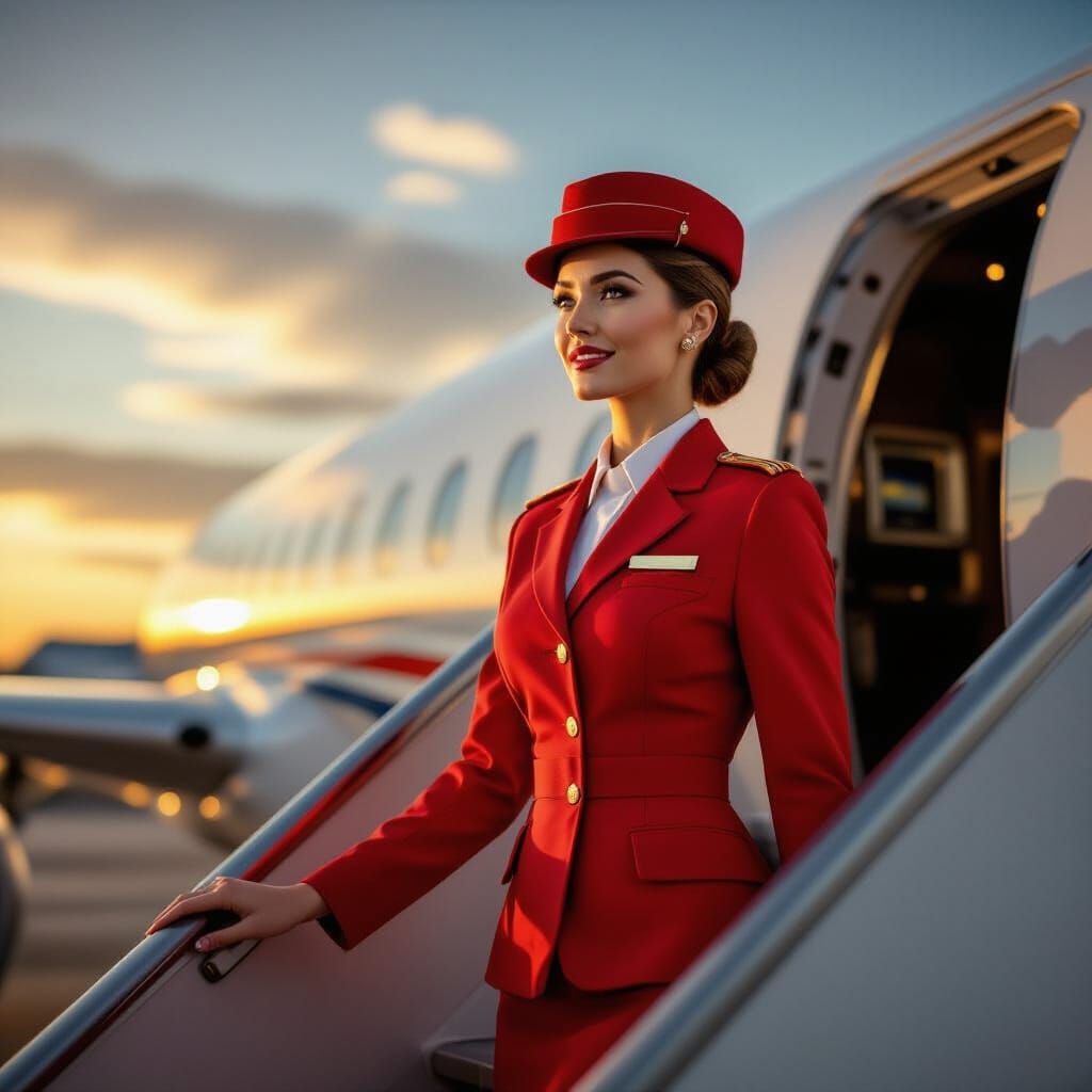 Flight Attendant Ascends Airplane Stairs in Red Uniform