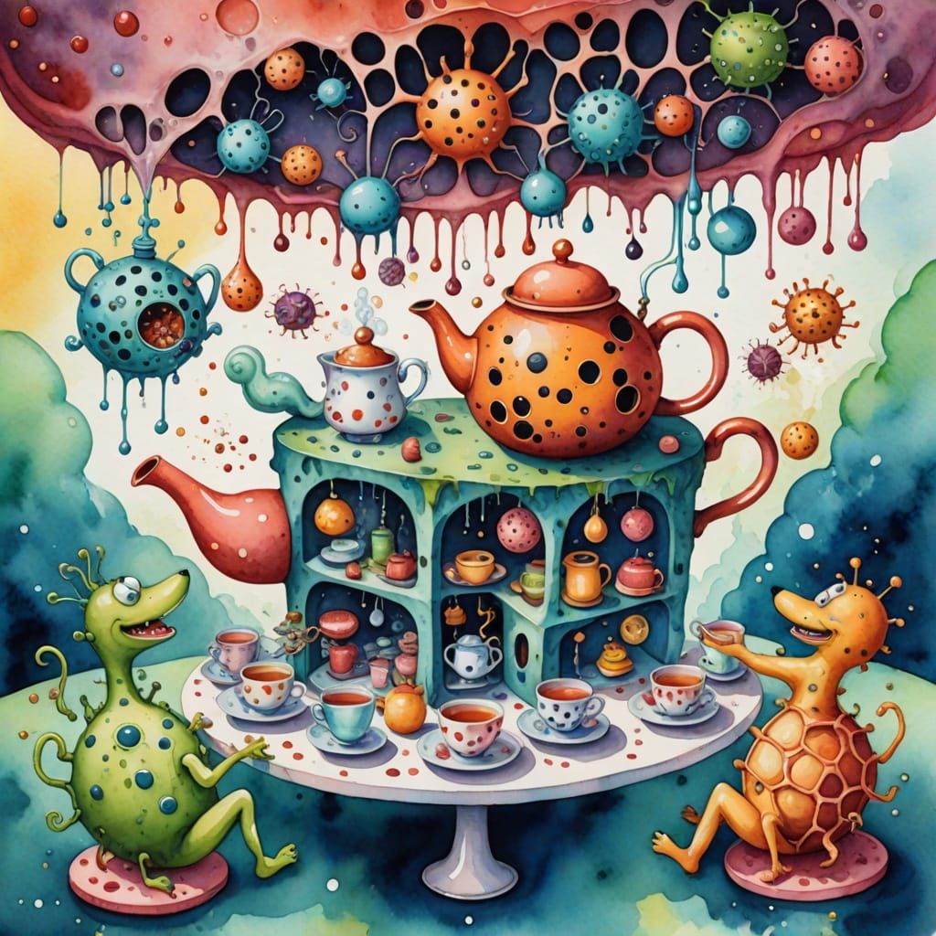 Whimsical Microbe Tea Party in Giant Cell, Watercolor Style
