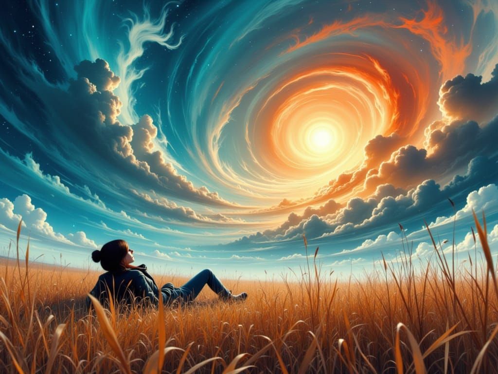 Person Gazes at Swirling Sky, Evoking Lost Memories