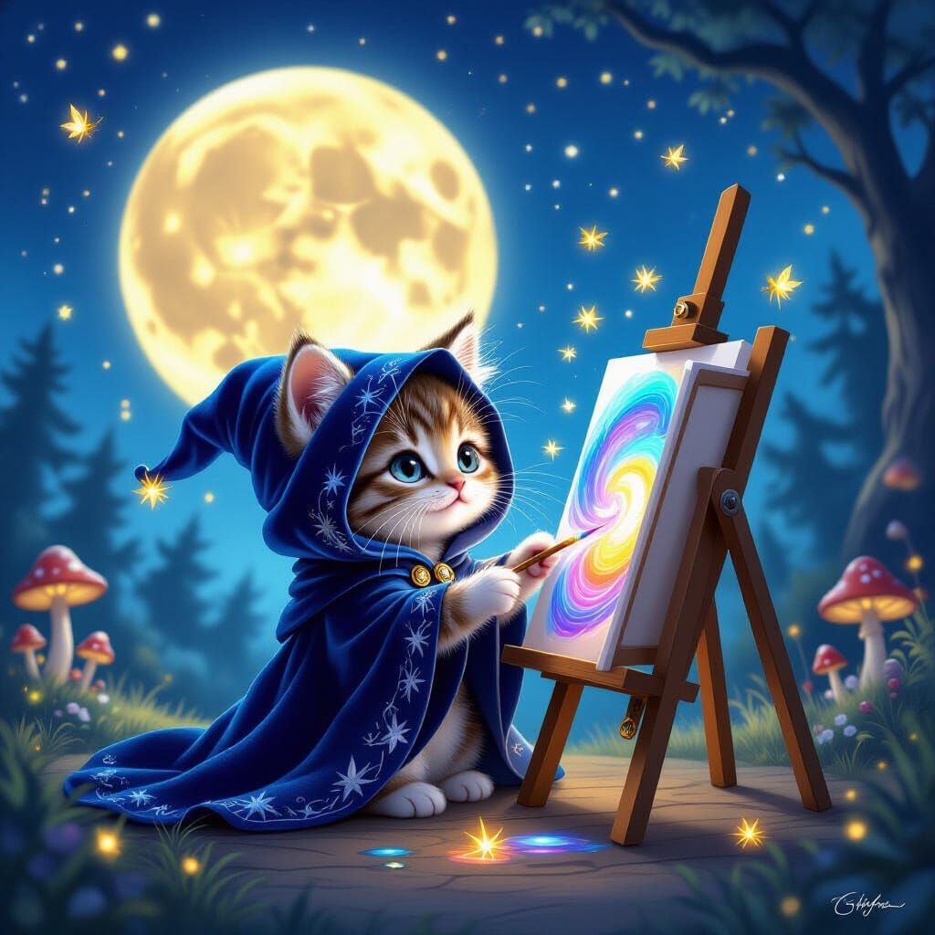 Cute Wizard Kitten Crafts Magic Under Full Moon