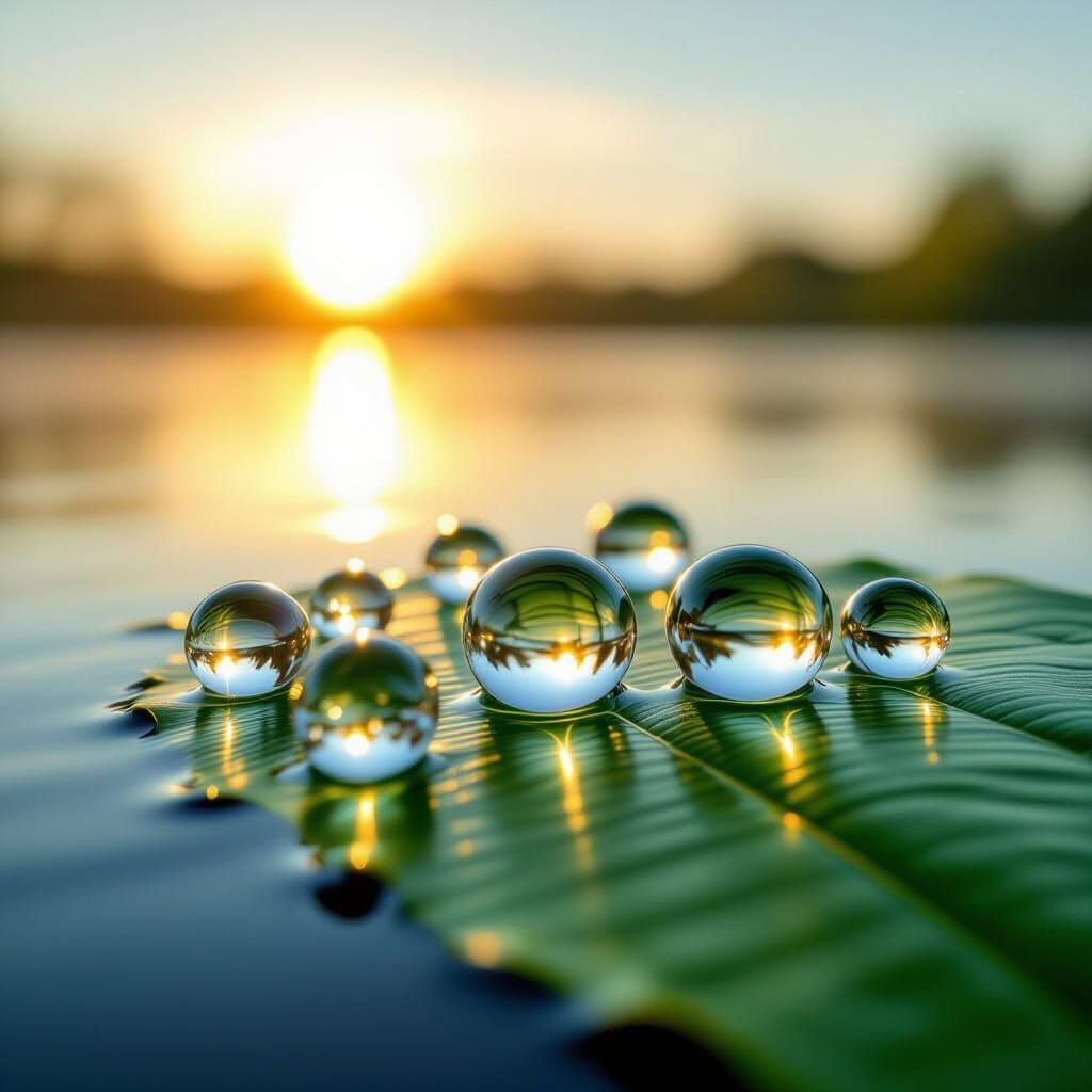 Hyperrealistic Water Droplet Family on Leaf at Dawn