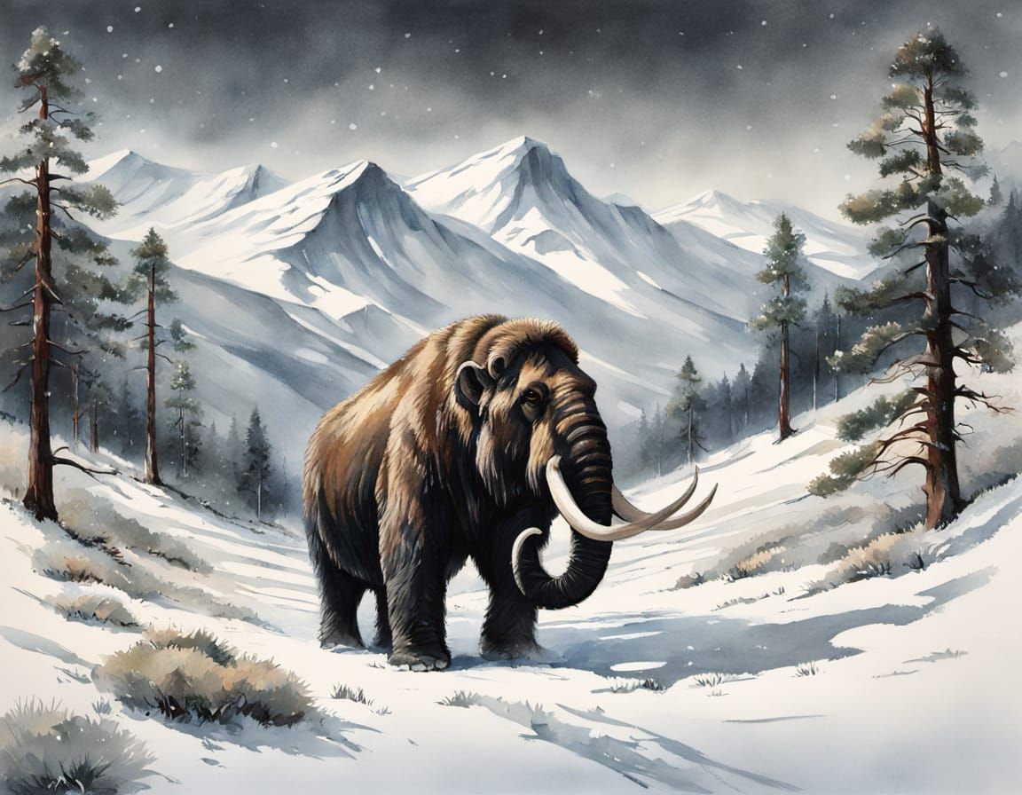 Woolly Mammoth in Snowy Valley as Pastel Art