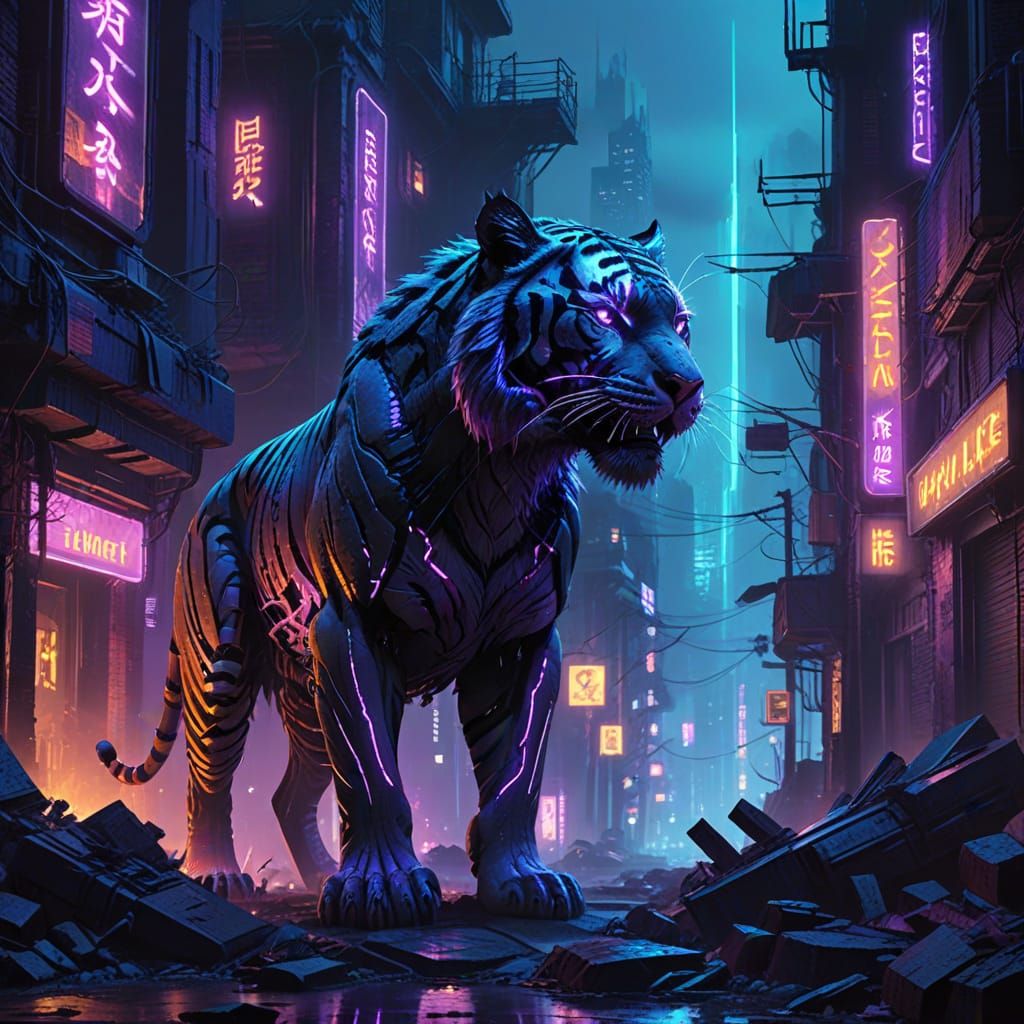 Cyberpunk Tiger Rises from Ruins in Neon-Lit Cityscape