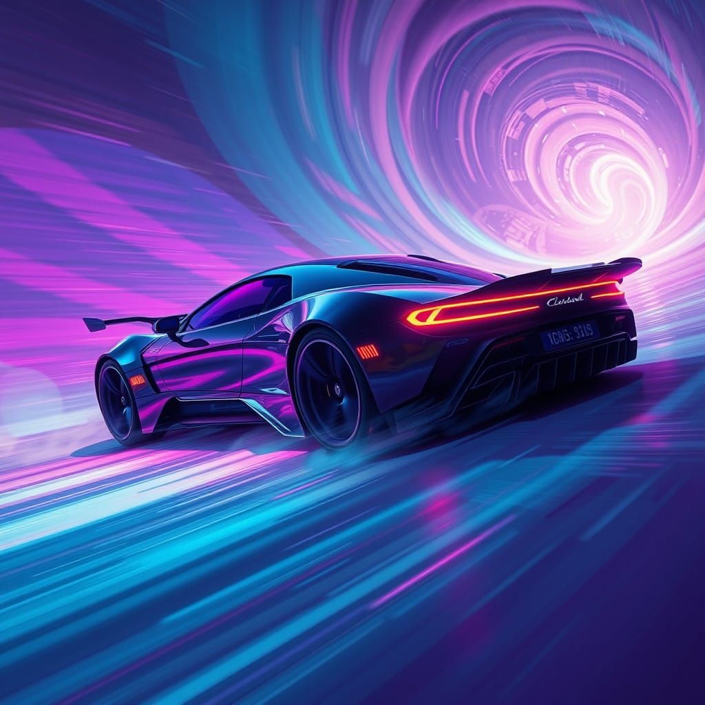 Sleek Car Speeds Through Mystical Landscape