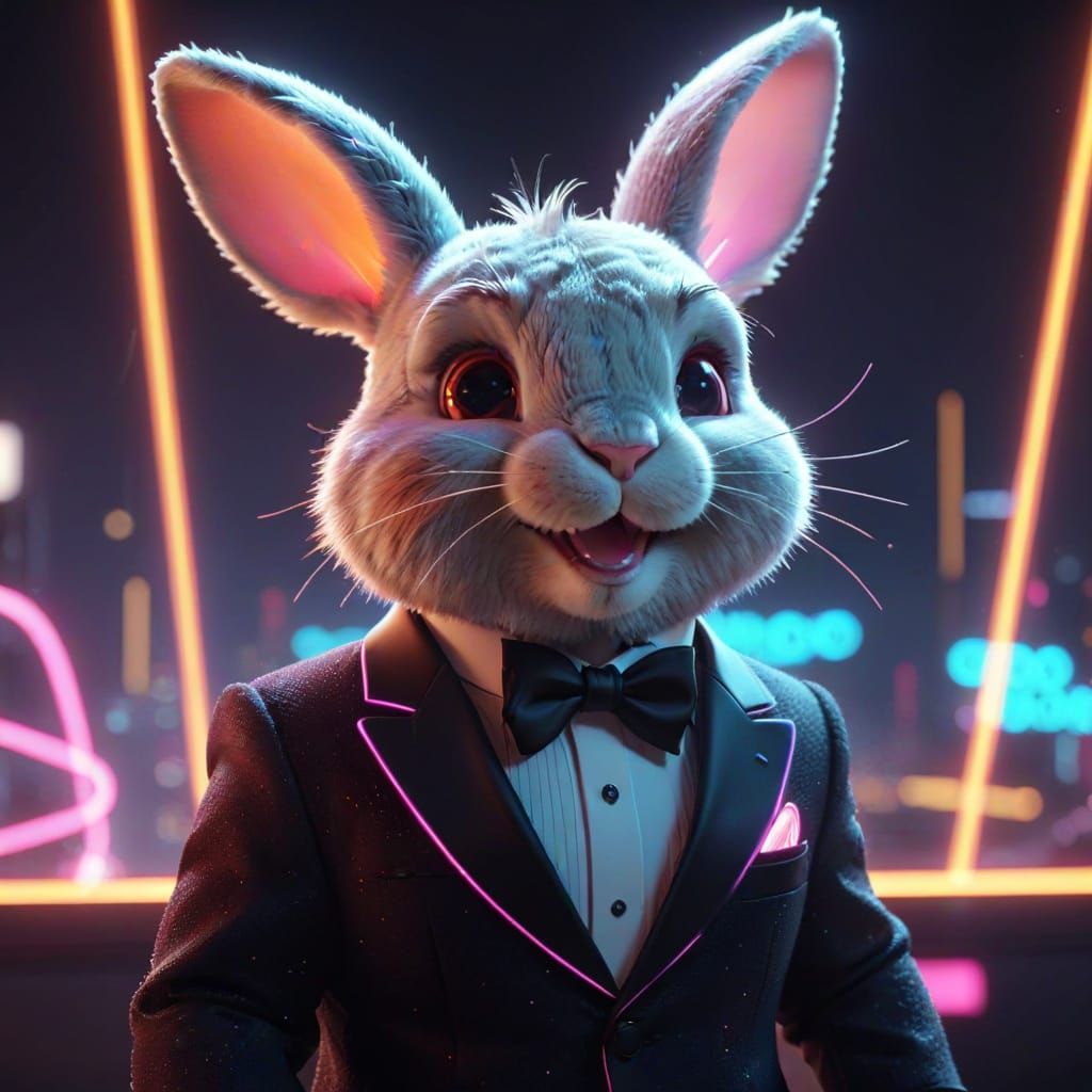 Laughing Bunny in Tuxedo: Retro-Futuristic Cartoon Still