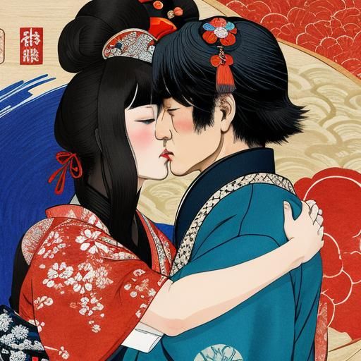 The Kiss: Japanese Woodblock Print in Gouache Style