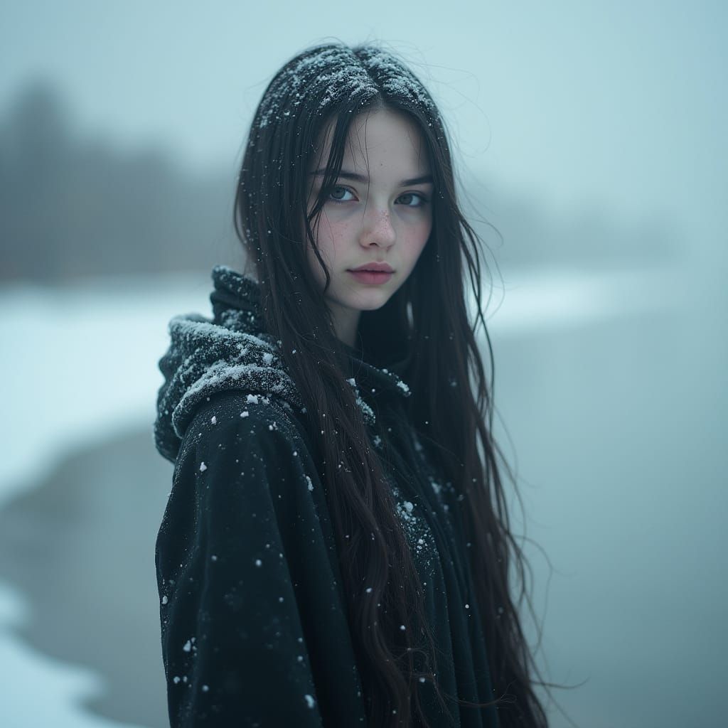 Goth Model on Snowy Frozen Beach in Cinematic Light