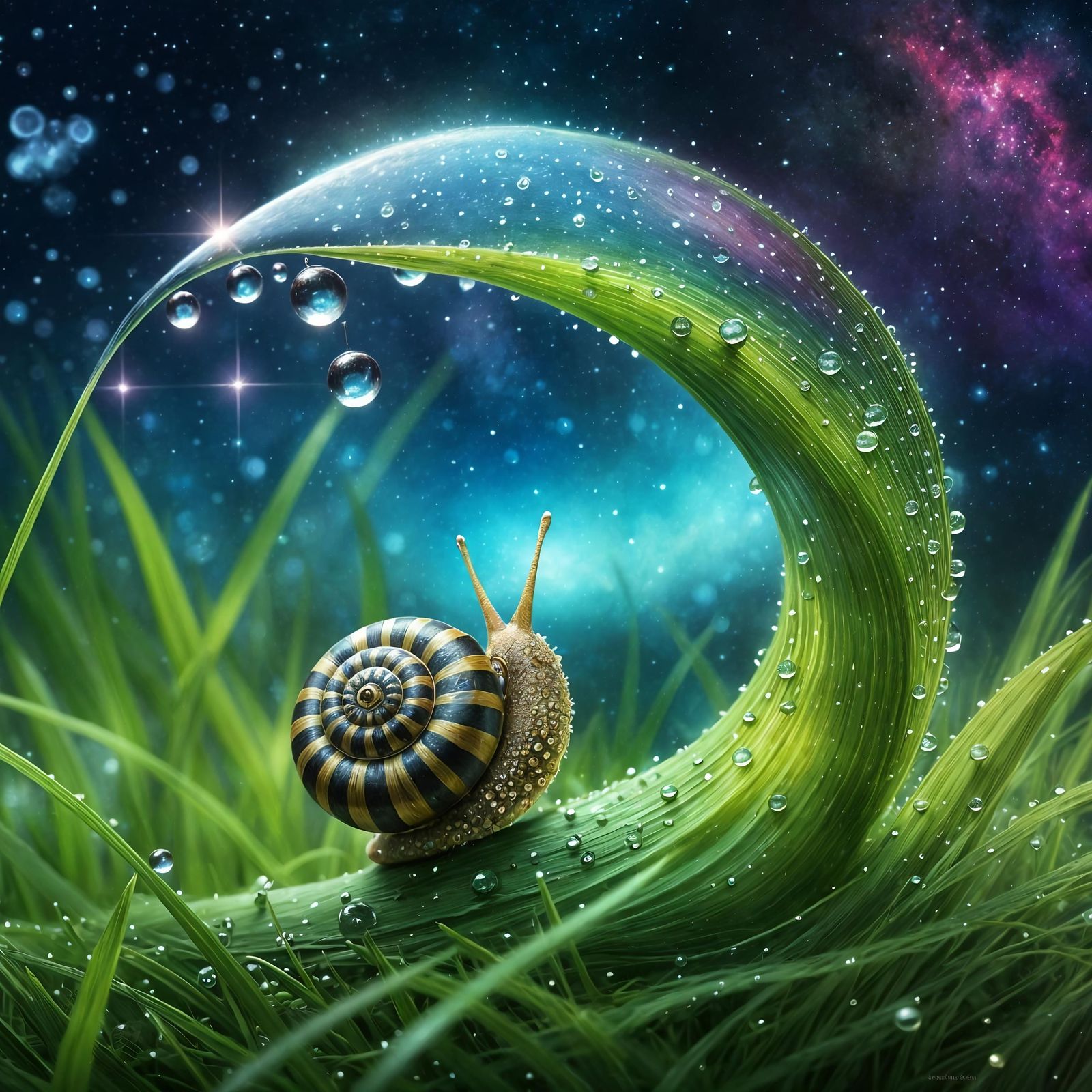 Snail Sipping Dewdrop with Cosmic Energy, Digital Art