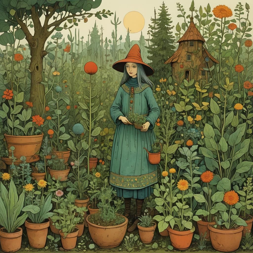 Herb Witch in Garden, Illustrative Style