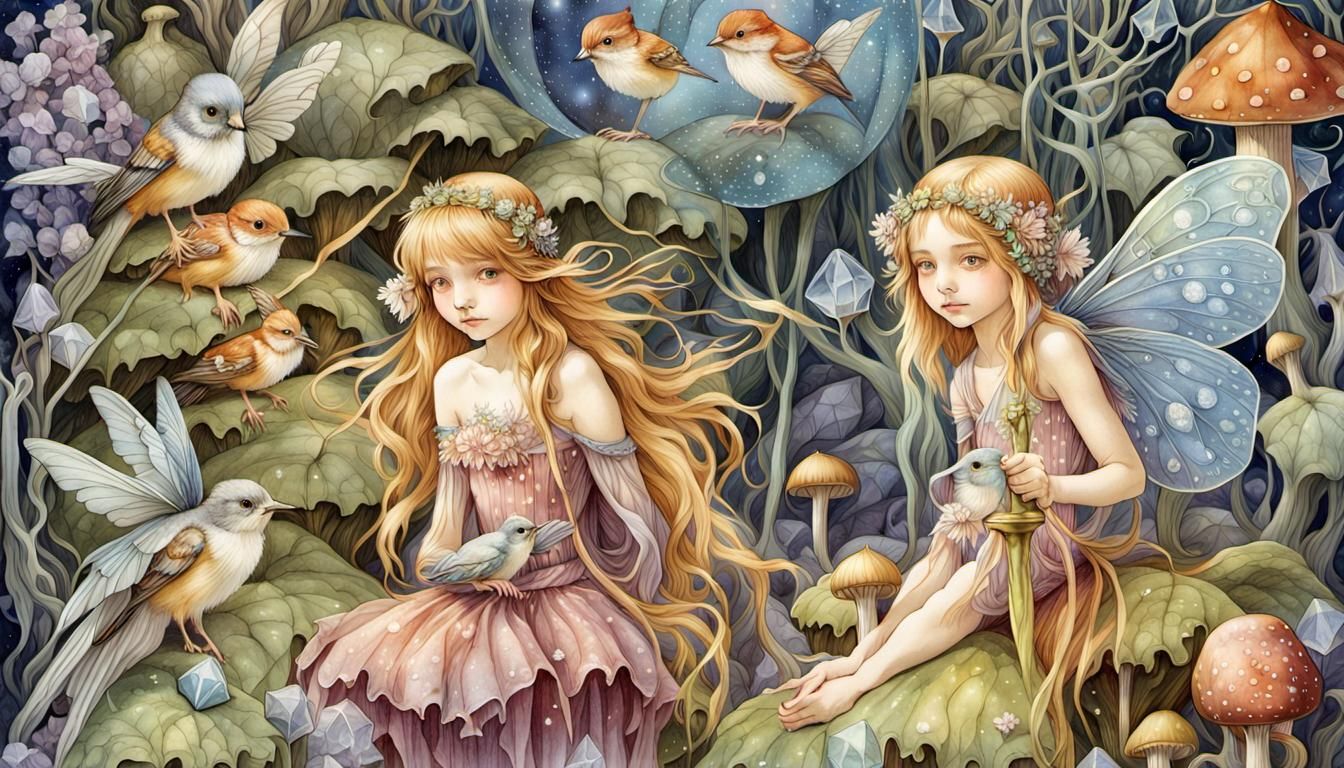 Fairies with Birds on Crystals Coloring Book Illustration