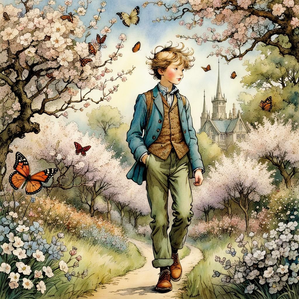 Boy in Blossoms: A Whimsical Spring Illustration