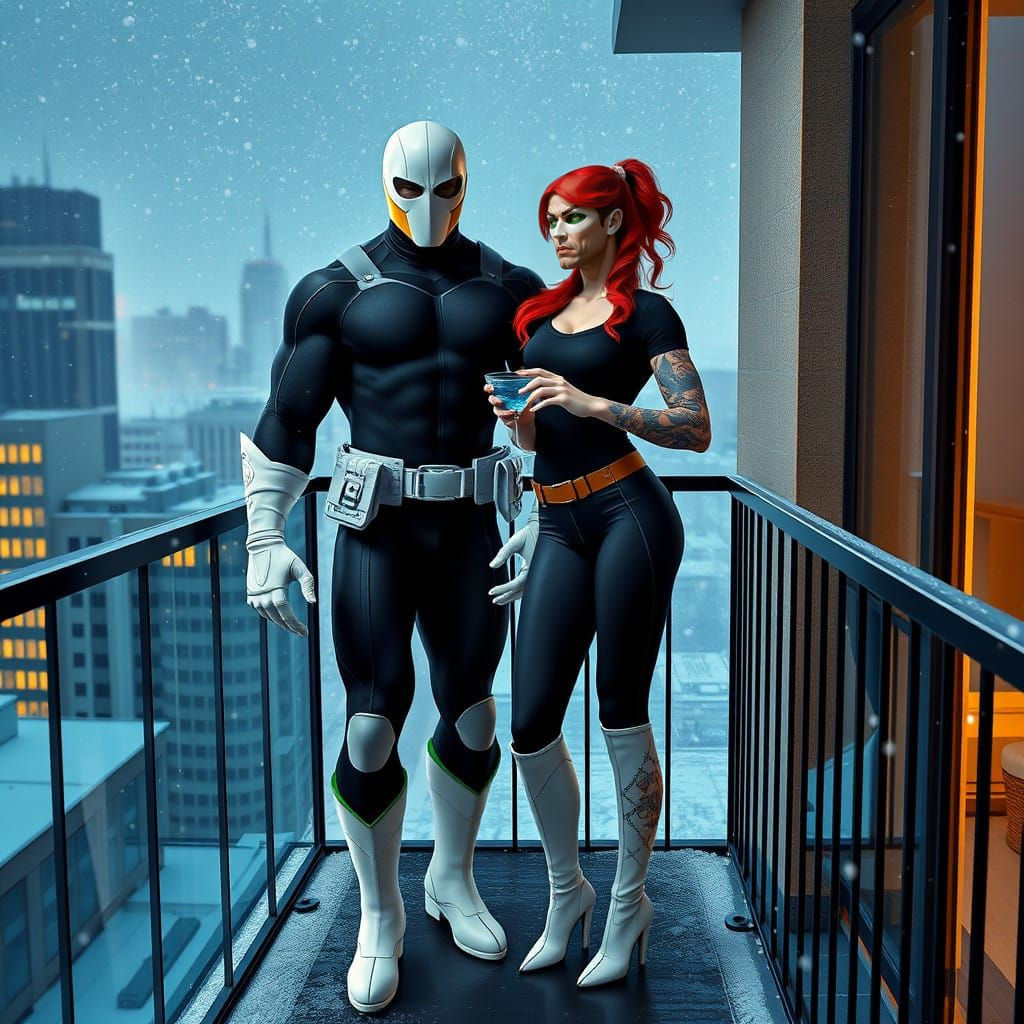 Superhero Couple Contemplates New Year's Eve on a Loft Balco...