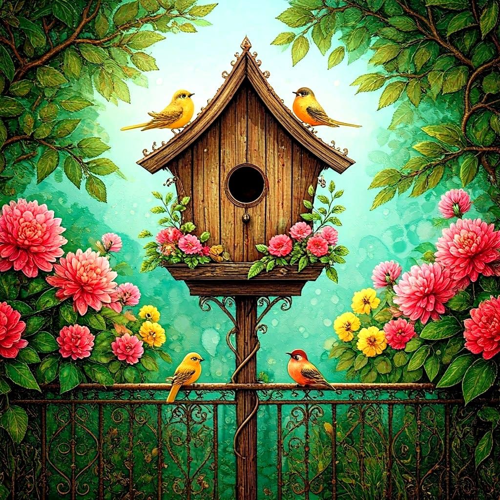Lush Birdhouse with Birds in Garden, Alcohol Ink