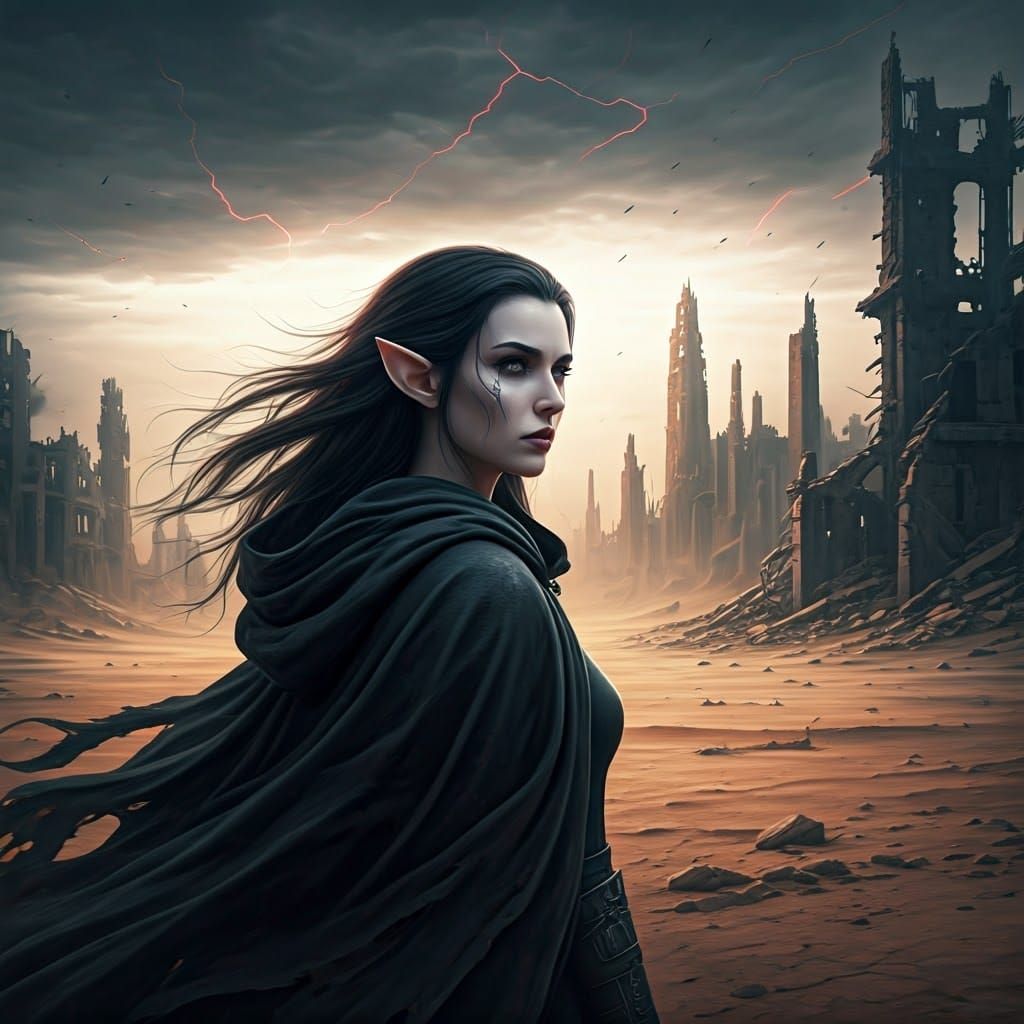 Elf Woman Contemplates Ruins of Desert City in Somber Gray S...