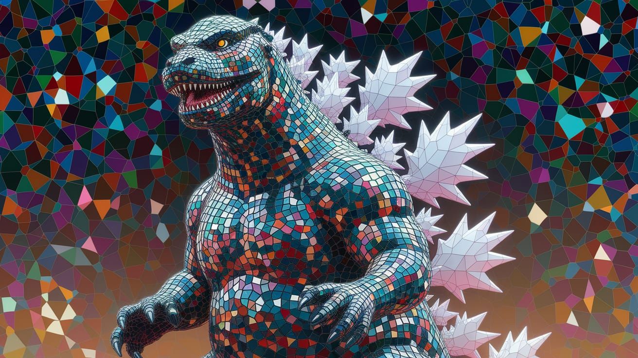Godzilla as a Radiant Mosaic of Sea Glass in Cyberpunk Style