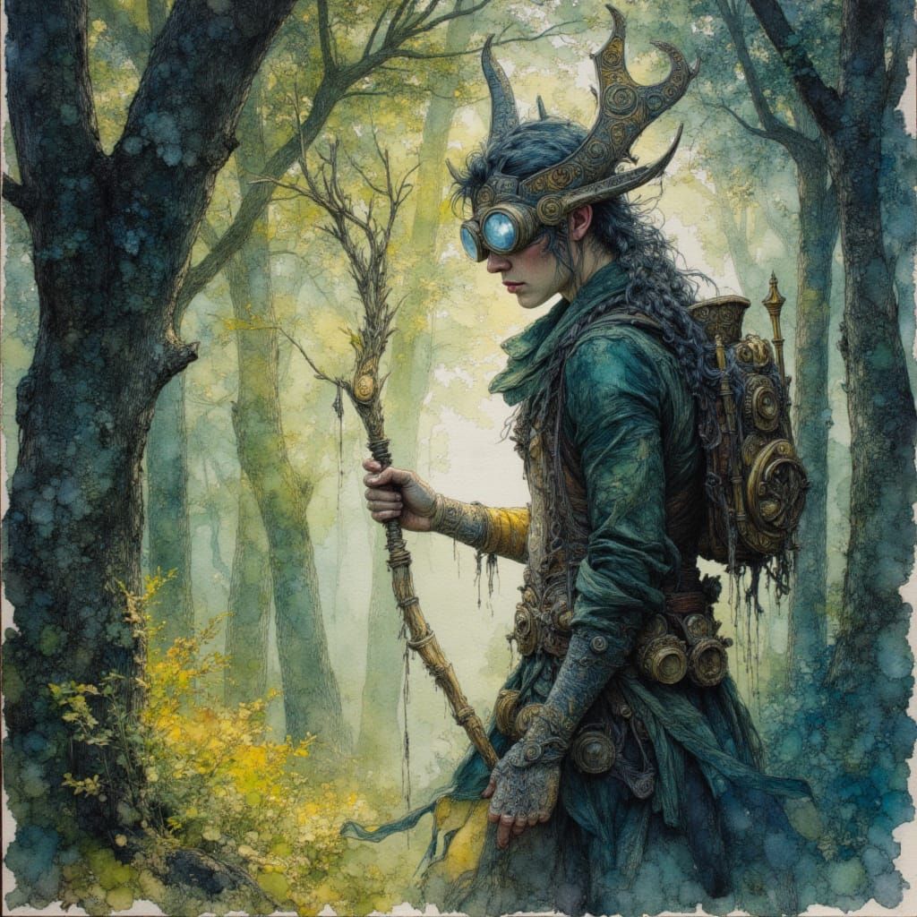 Steampunk Druid in Ancient Forest, Arthur Rackham Style