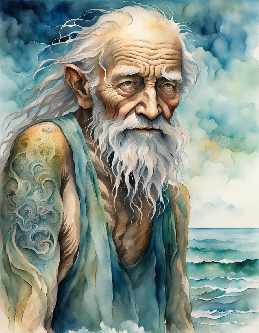 Expressive Watercolor Portrait of Mythical Old Man