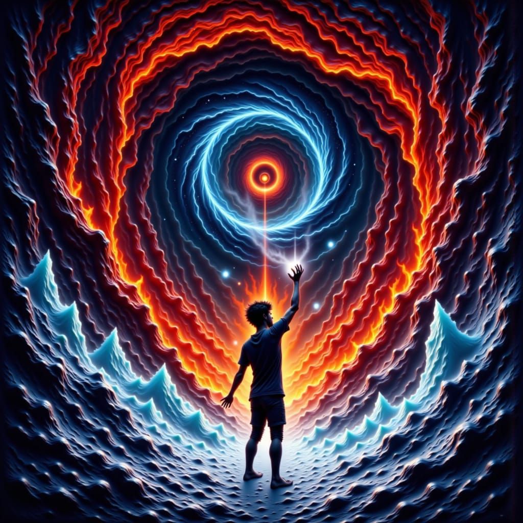 Silhouette Reaching Into Fire and Ice Vortex