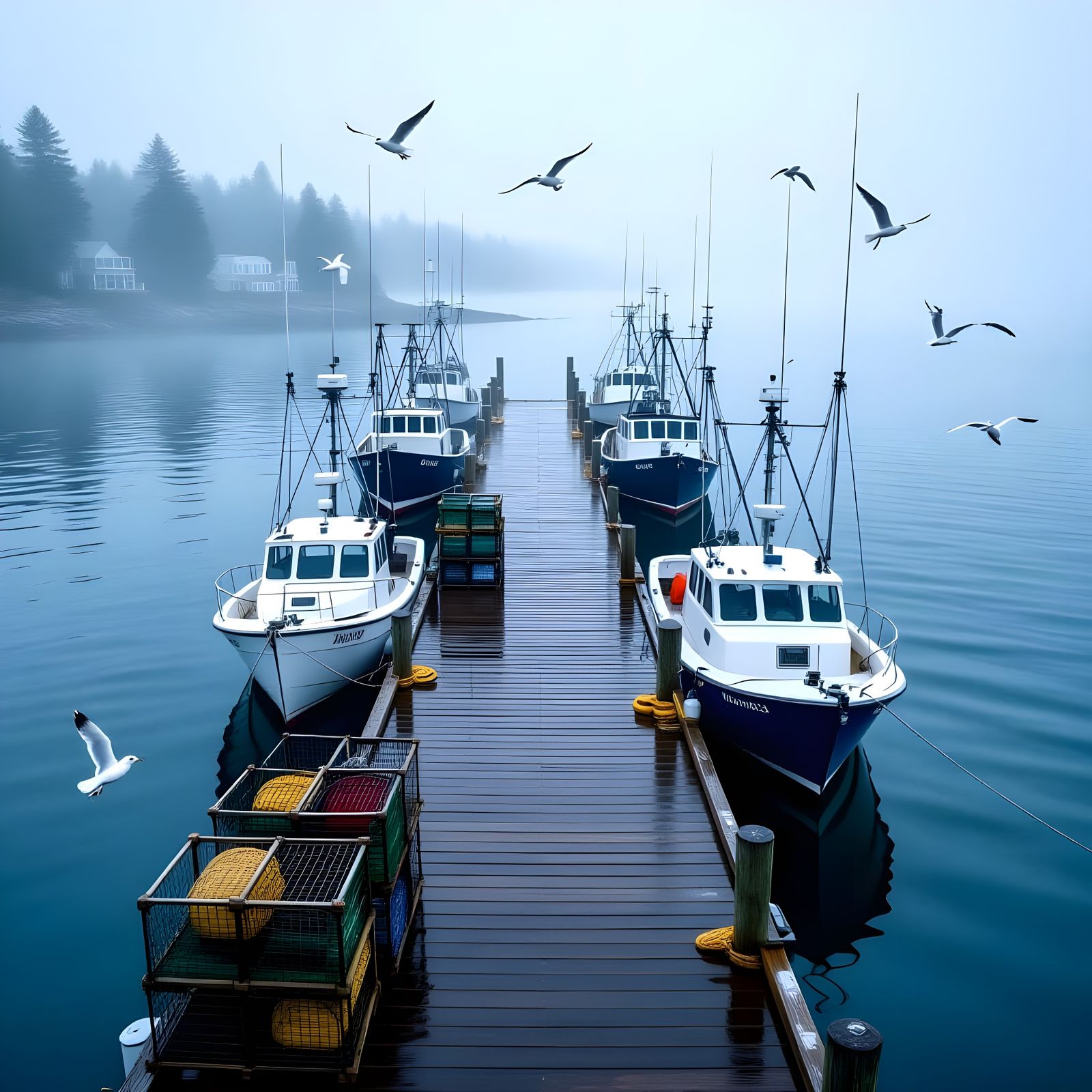 Maine Fishing Boats on Misty Pier at Sunrise