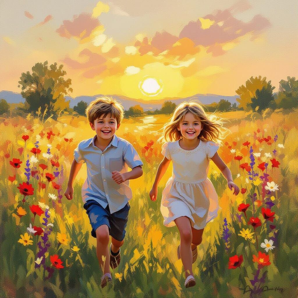 Children Running Through Sunlit Wildflower Field in Impressi...