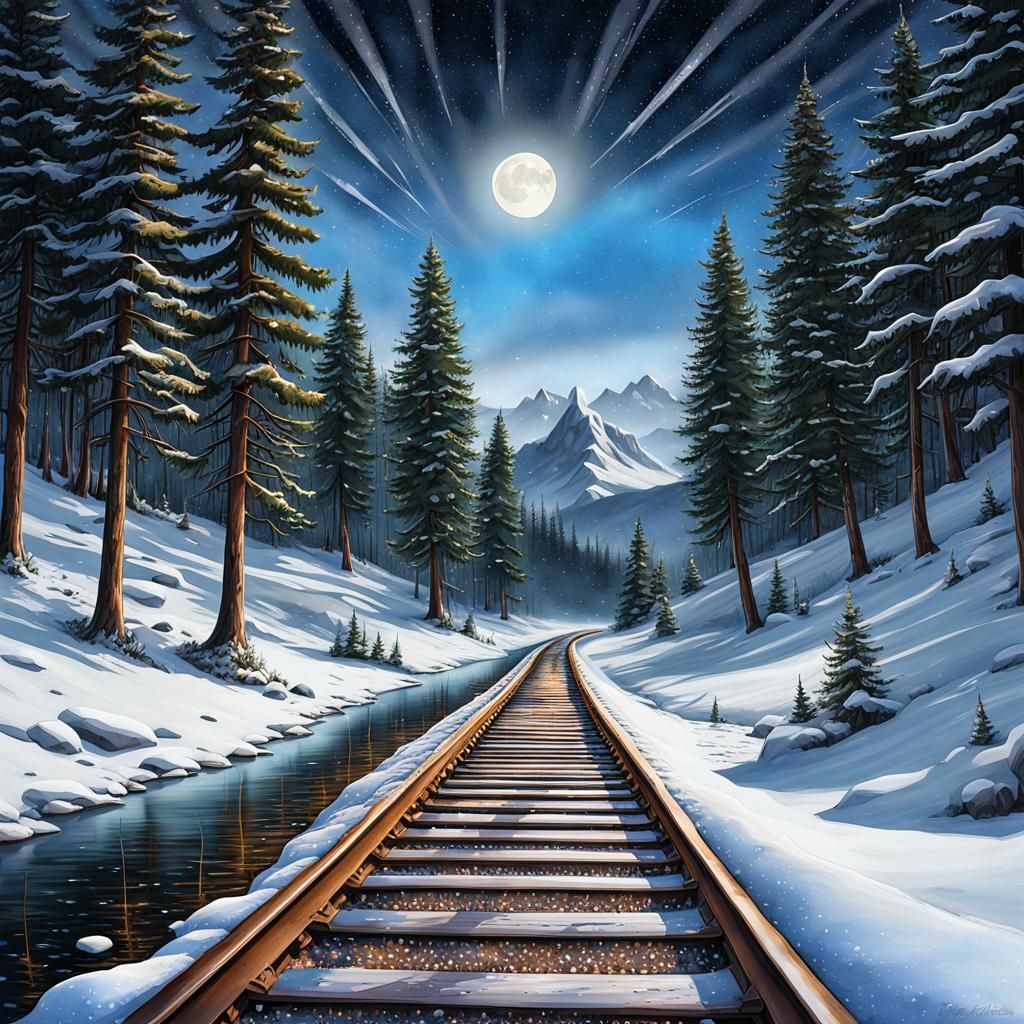 Winter Train Track Under Glistening Stars as Watercolor
