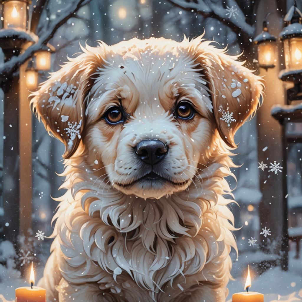 Snowy Puppy Portrait in Art Nouveau Style